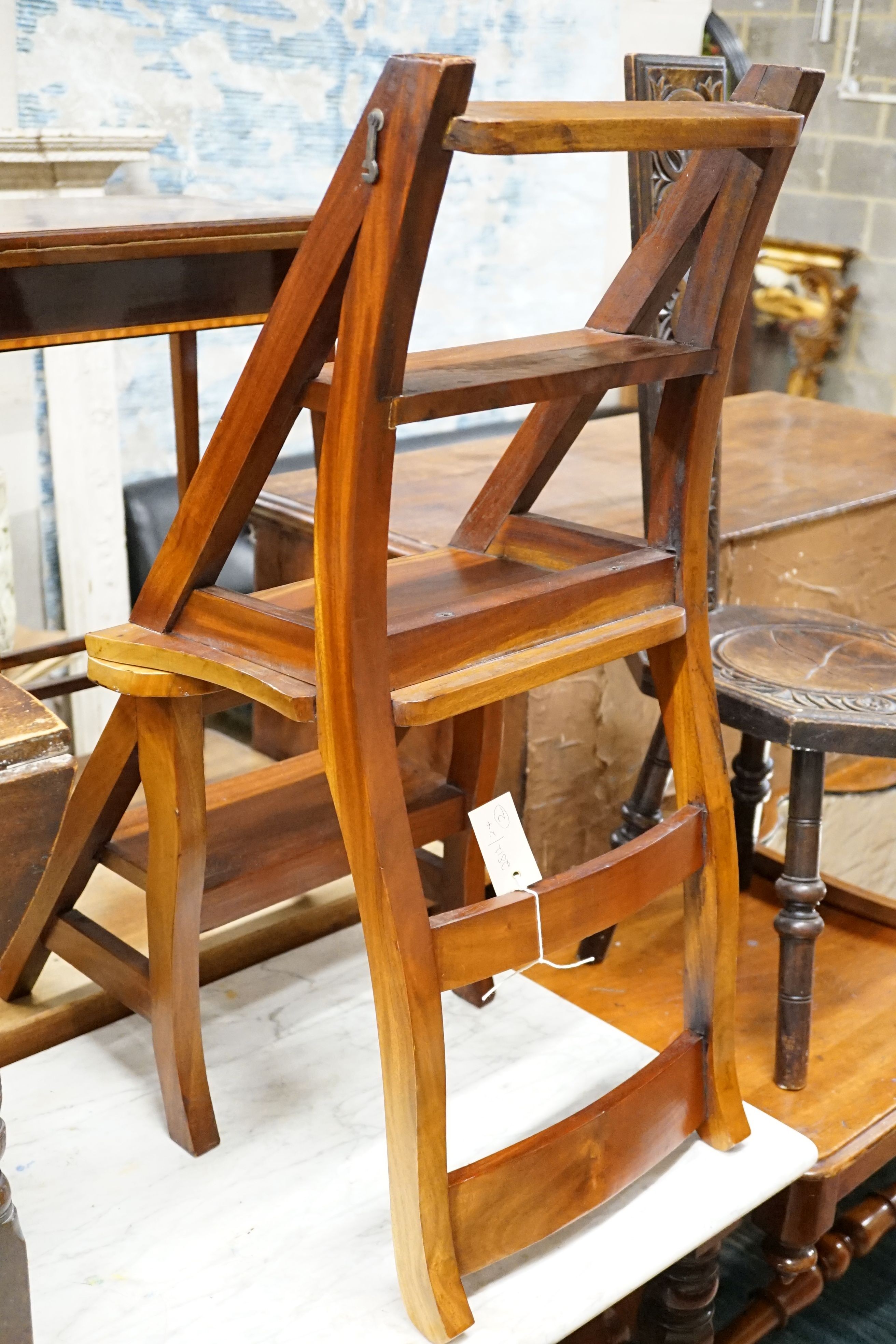 A set of library steps / chair and a small oval oak gateleg coffee table